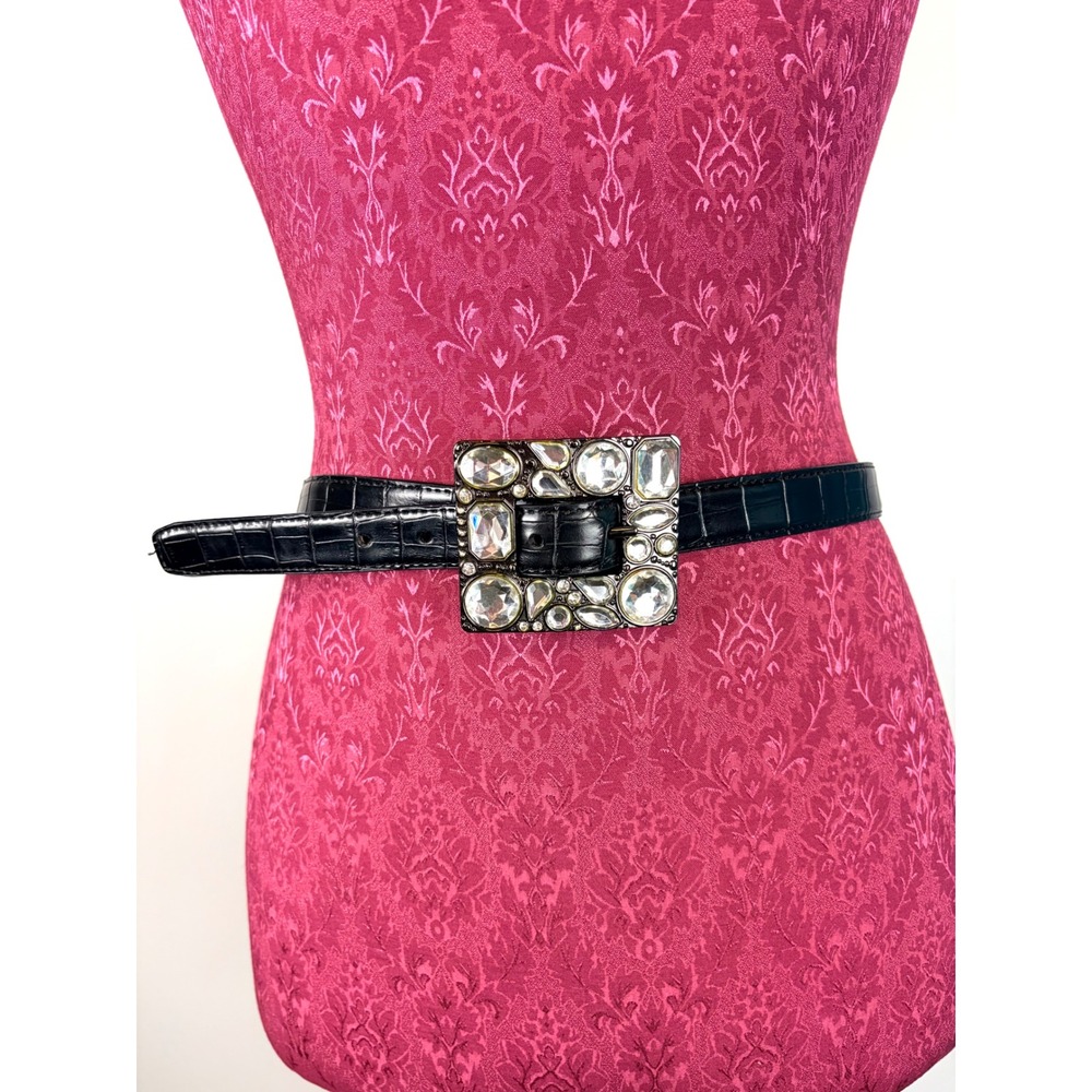 Black Croc Embossed Leather Belt Medium Crystal Rhinestone Western Glam Festival